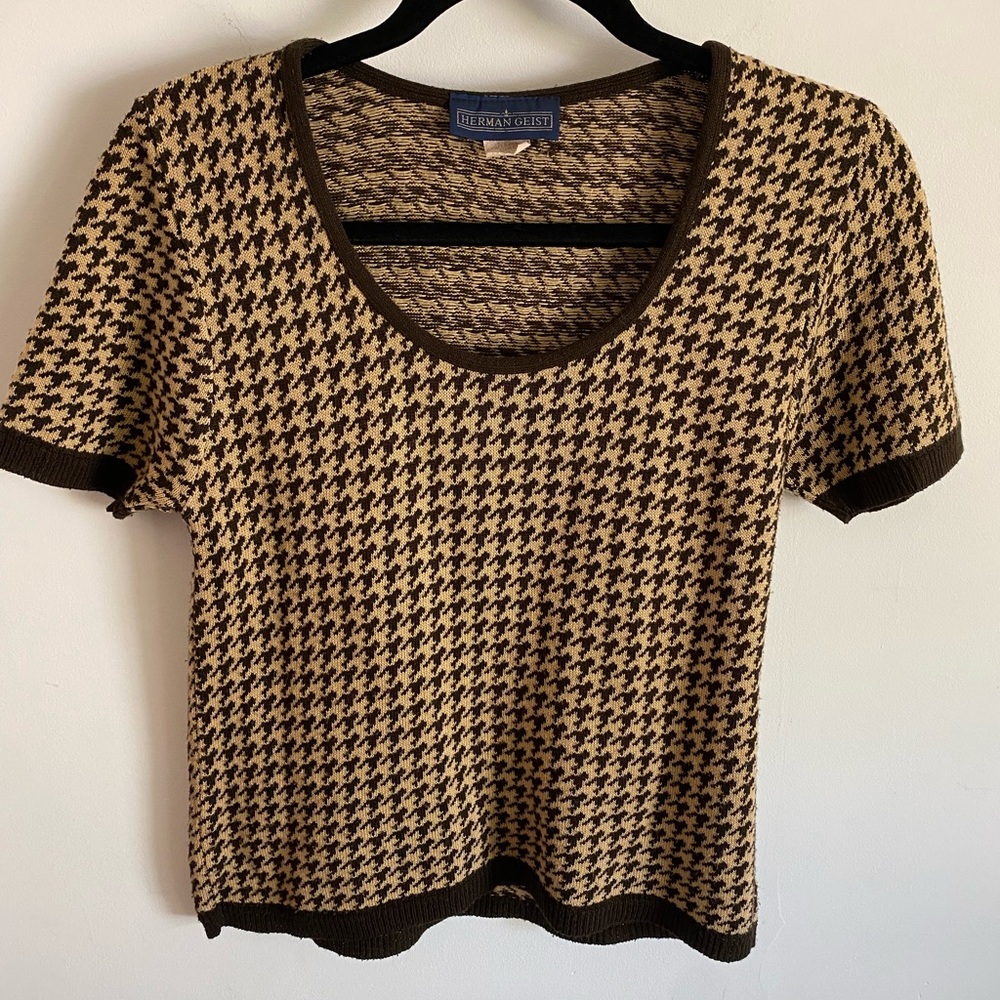 Herman Geist Vintage Tan‎ and Brown Houndstooth Top 90's Grunge